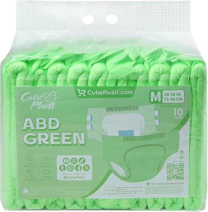 CutiePlusU Disposable Adult Diaper Heavy Absorption Dry Surface All Night- Green 10 Pieces (Medium 28"-38")