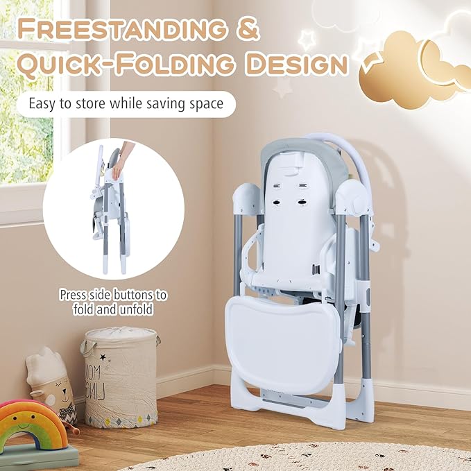 BABY JOY Foldable High Chair, Portable Highchairs for Babies and Toddlers with 7 Heights, 5 Recline Positions, Adjustable Foot Rest, Double Removable Tray & Built-in Wheels (Light Gray)