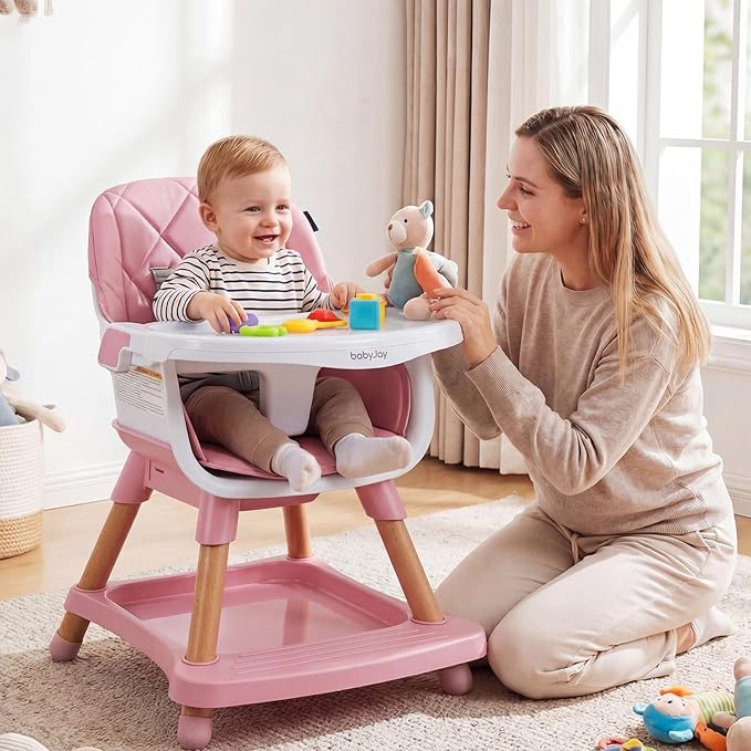 BABY JOY 8-in-1 High Chair, Convertible Wooden Highchairs for Babies and Toddlers | Dining Booster Seat | Toddler Stool, Double Removable Tray, 5-Point Safety Harness & Waterproof PU Cushion (Pink)