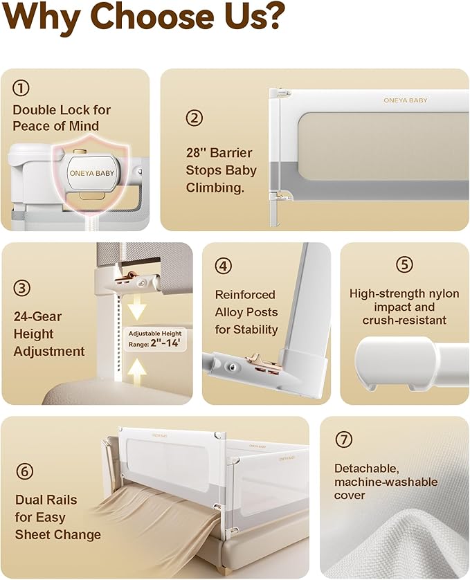 2 Piece Bed Rails for King Size Bed, No-Drill Needed Baby Bed Rail Guard for Toddlers with Height Adjustable, Thickened Child Safety Side Railing Guards/Bedrail for Kids, White/Grey, 74.8x78.7Inches