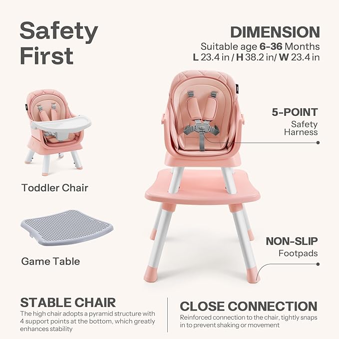 HARPPA Moro 6-in-1 Baby High Chair, Convertible Highchair for Babies and Toddlers, Feeding Booster Seat, Toddler Chair & Activity Table, 5-Point Harness, Dishwasher-Safe Removable Tray, Pink