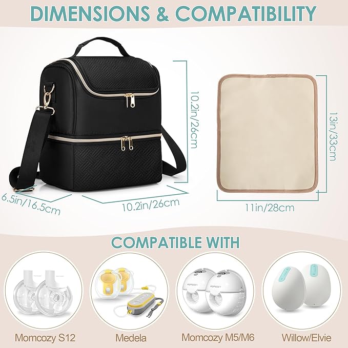 Fasrom Breast Pump Bag with Cooler Compartment Compatible with Momcozy, Medela and Willow Hands Free Pump, Pumping Tote with Waterproof Mat, Black