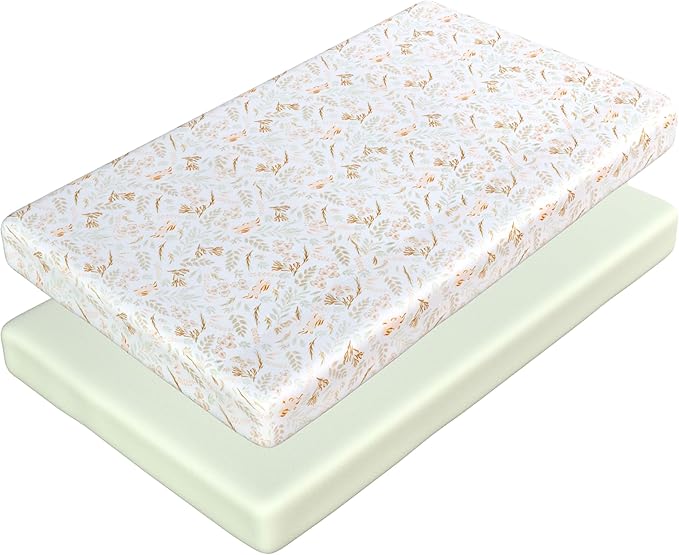2 Pack Mini Crib Sheets - Jersey Cotton Pack and Play Sheets Fitted, 27" x 39", Fits Graco Pack n Play Mattress, Soft Playpen Sheets Pack n Play, Oeko-tex (Green Pack and Play Mattress Sheets)