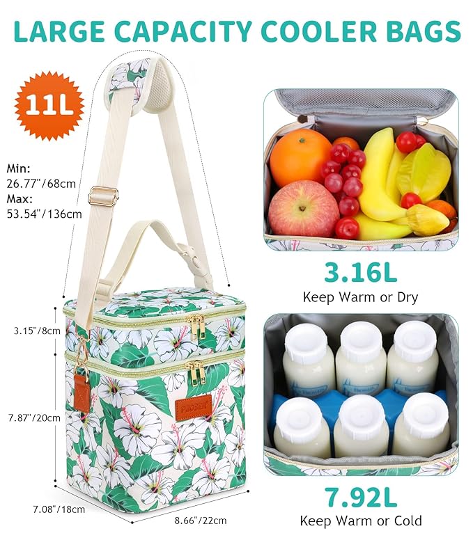 PIIOSER Breastmilk Cooler Bag with Ice Pack, Fits 6 Baby Bottles Up to 9 Oz, Stylish Baby Cooler Travel Bags with Shoulder Strap, Double Layer & Leakproof for Nursing & Working Moms Daycare, Floral