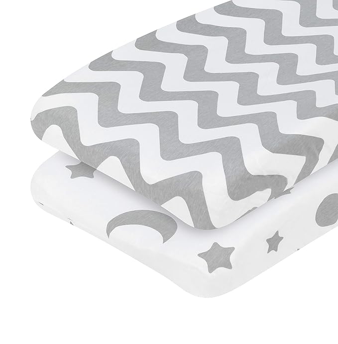 EVERYDAY KIDS 2 Pack Baby Changing Pad Covers for Boys and Girls – Fits Most Changing Table Pads; 100% Cotton Jersey Knit, Breathable, Ultra Soft Changing Table Topper - Gray Moon and Stars + Chevron