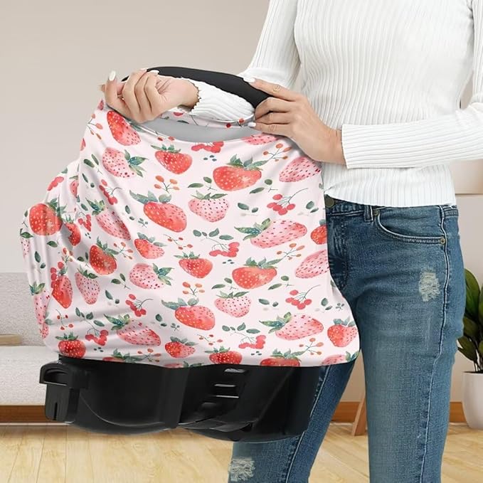 Coldinair Strawberry Baby Car Seat Covers,Soft Stretchy Nursing Cover Breastfeeding Scarff,Infant Stroller Cover for Girls and Boys