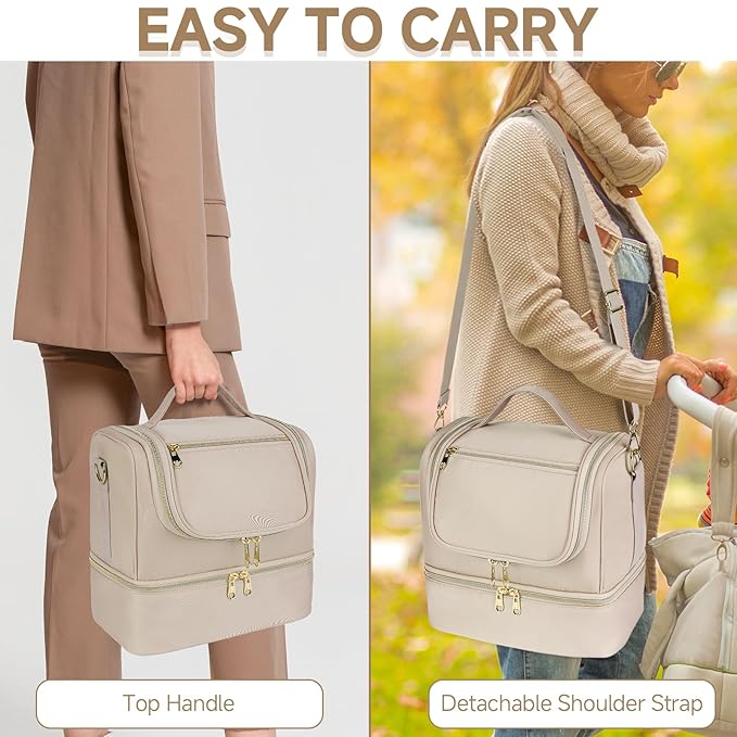 Wearable Pump Bag with Cooler Compartment Fits for Willow/Eufy/Elvie/Momcozy M5/S12 Pro/Medela, Breast Milk Travel Tote Bag with Ice Pack & Waterproof Mat,Apricot