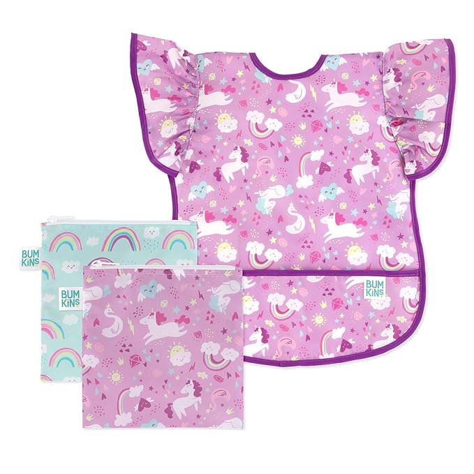 Bumkins Ruffle Apron Bib and 2-pack Sandwich Bags, Waterproof Fabric, Unicorns & Rainbows