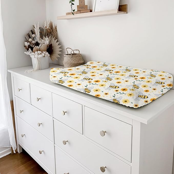 Watercolor Bees Boho Sunflowers Leaves Baby Changing Pad Covers for Boy Girl 32''x16'' Bees Retro Floral Fitted Changing Pad Sheets Bees Soft Diaper Change Table Mats