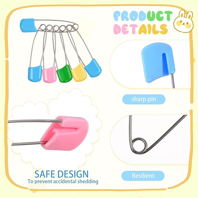 WILLBOND 8 Pcs Safety Pins 2.2 Inch Plastic Head Cloth Pins with Locking Closures Stainless Steel with Velvet Bag, Four Colors