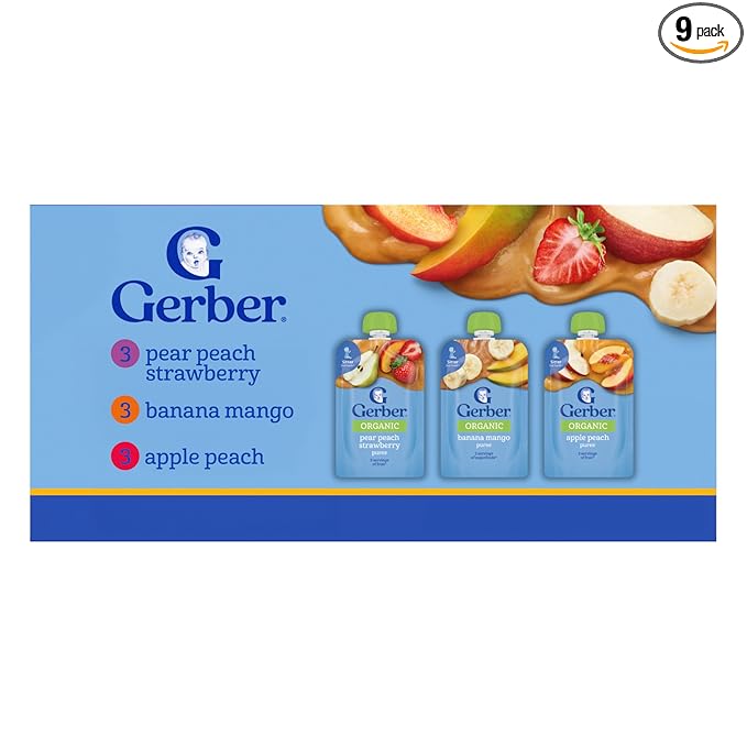 Gerber Stage 2 Baby Food, Organic Fruit Favorites Puree Pouches Variety Pack, No Added Sweetener, Baby Food Pouches, 9-Pack