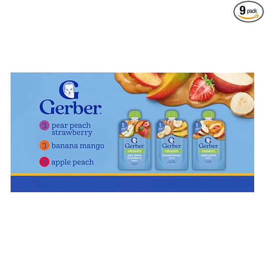 Gerber Stage 2 Baby Food, Organic Fruit Favorites Puree Pouches Variety Pack, No Added Sweetener, Baby Food Pouches, 9-Pack