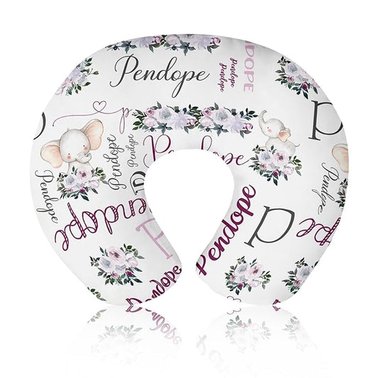 Baby Nursing Pillow Cover - Personalized Name Breastfeeding Pillow Cover with Elephant Pattern, Stretchy Removable U-Shaped for New Moms, Soft Breathable Slipcover for Infant Boys Girls