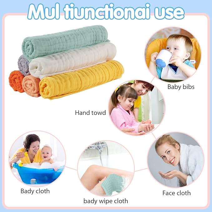 Hicarer 6 Pcs Girl Muslin Burp Cloths Cotton Burping Spit Rags Large 20 x 10 Inch 6 Layers Newborn Soft Absorbent Multicolor Wash Cloths Diapers for Baby Shower(Warm Color Series)