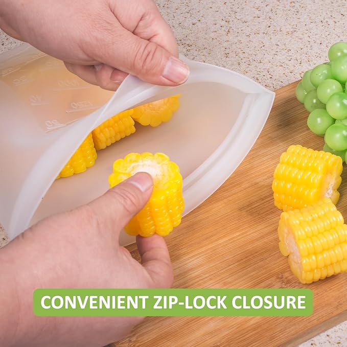 Bundle of 4 Pack 100% Silicone Reusable Food Storage Bags 33.8oz Translucent + 4 Pack 100% Silicone Reusable Food Storage Bags 50.7oz Translucent
