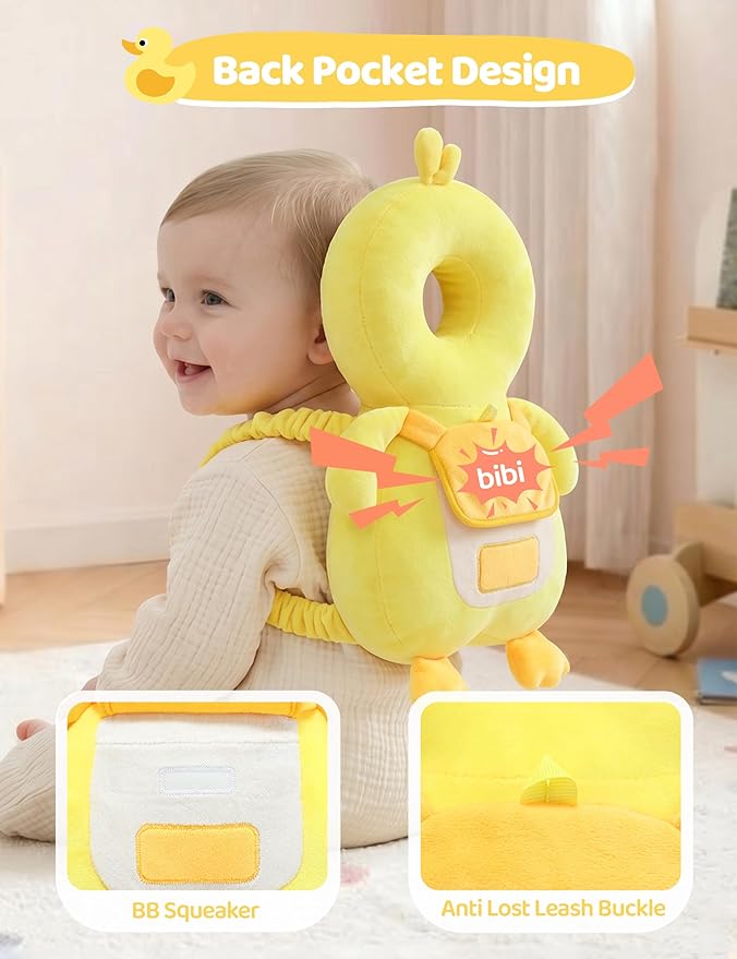 JunNeng Baby Head Protector Backpack with Squeaker，Toddler Head Safety Protection Cushion, Yellow Duck