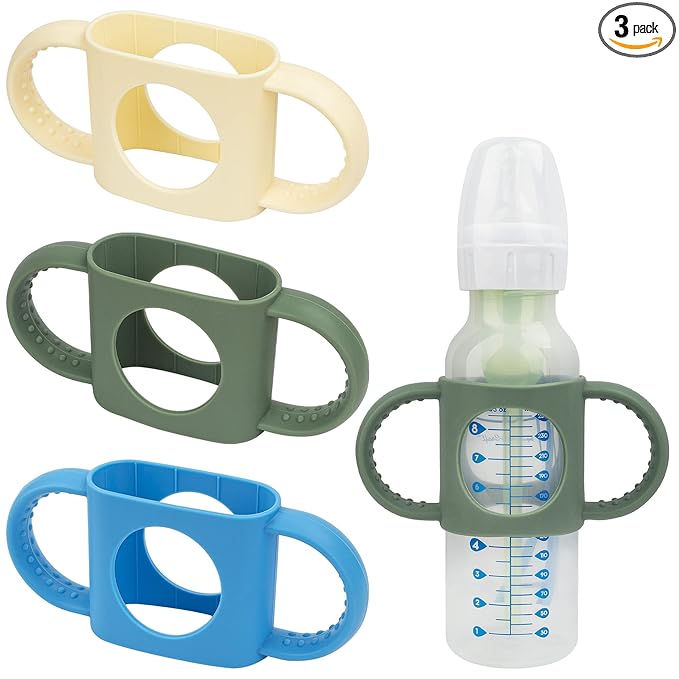 3 Pack Bottle Handles Compatible with Dr Brown Narrow Baby Bottles and Wide-Neck Bottles Non-Slip Easy Grip Handles - BPA-Free Food Grade Silicone Dishwasher Safe - Milk White, Green, Pink