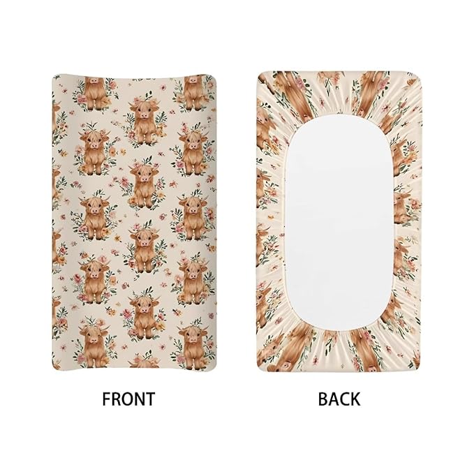 Highland Cattle Floral Baby Changing Pad Cover Set of 1 Changing Table Cover for Girls, Changing Pad Covers 32"x16" Snug Fitted Diaper Table Sheet