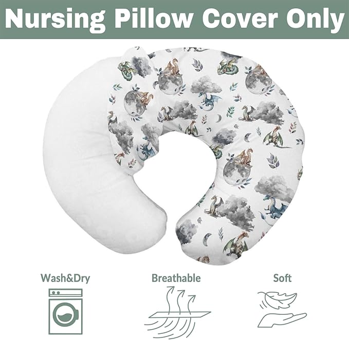 Watercolor Dragons Baby Nursing Pillow Covers for Boy Girl Fairytale Dragon Wings Leaves Nursing Slipcovers for Breastfeeding Pillows Dragon Moon Cloud Soft Stretchy Removable Cover for Newborn Infant