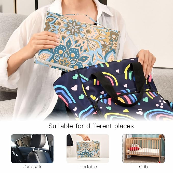 Portable Diaper Changing Pad Travel Baby Changing Mat Waterproof Diaper Changing Mat Foldable Lightweight Baby Changer with Built-in Pillow Yellow Mandala