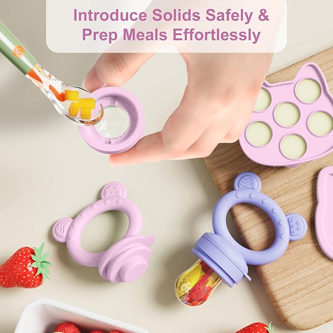 Baby Breastmilk Popsicle Molds & Baby Fruit Feeder (4 Pack), Infant Food Freezer Tray Storage Containers, Silicone Teething Pacifier Feeder and Teether for Babies,Boys and Girls-Pink&Purple