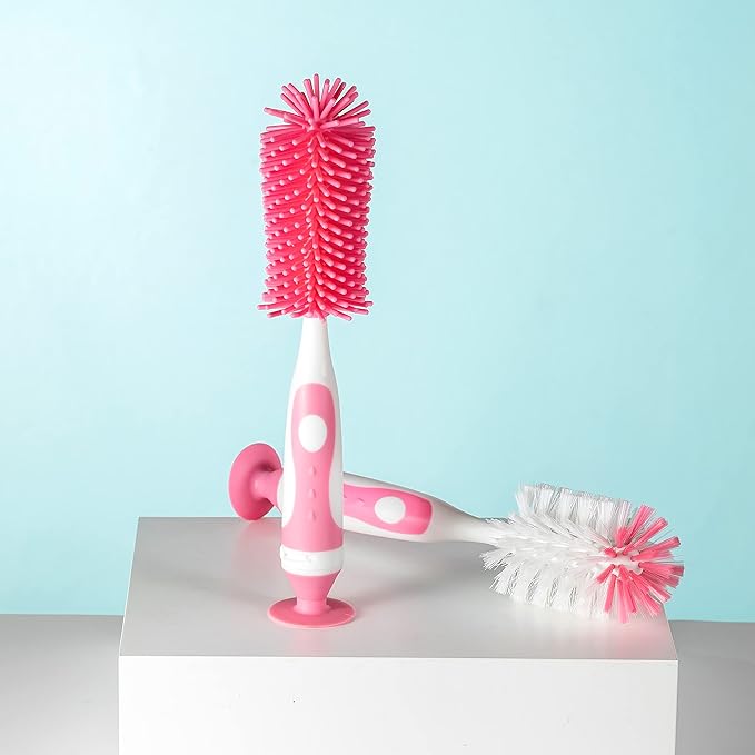 Chemimoso Multifunctional Cleaning Brush, Baby Bottle Brush, Bottle Brush Cleaner, Rotate the Suction Cup to Obtain the Small Bristle Brushes, Set Z, Pink, Silicone and Nylon Brush