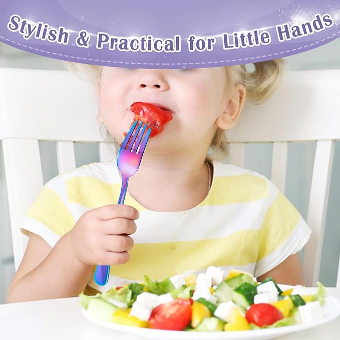 E-far 12-Piece Toddler Silverware, Stainless Steel Kids Utensils Forks and Spoons, Children Safe Mirror Polished Metal Cutlery Set for Self Feeding, 6 Forks & 6 Spoons(Rainbow)