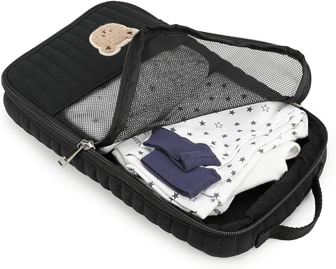 MOMIGO Baby Diaper Bag Organizer Pouches - 2 Pack Waterproof Pod Hanging Diaper Bag Cute Rabbit Bear Mesh Bag Reusable, Washable or Baby Cloth Diapers (Black)