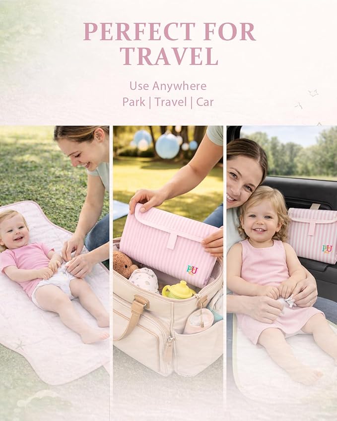 PZU Portable Diaper Changing Pad - Waterproof Travel Changing Mat with Built-in Pillow, Gifts for Baby Shower, Newborn Girls & Boys（Pink Stripes）