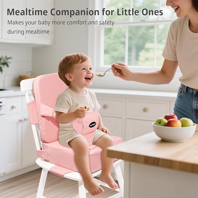 Toddler Booster Seat for Kitchen Chair with Removable Backrest & Adjustable Straps, PU Portable Waterproof & Non-Slip Booster Seat for Dining Table, Travel Child Eating Cushion - Pink