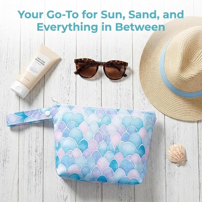 Waterproof Wet Bag with Wrist Strap, Reusable Zippered Pouch for Beach, Swim & Travel, Compact Cosmetic Toiletry Organizer Bag, 7.9 * 9.5 * 2 inches