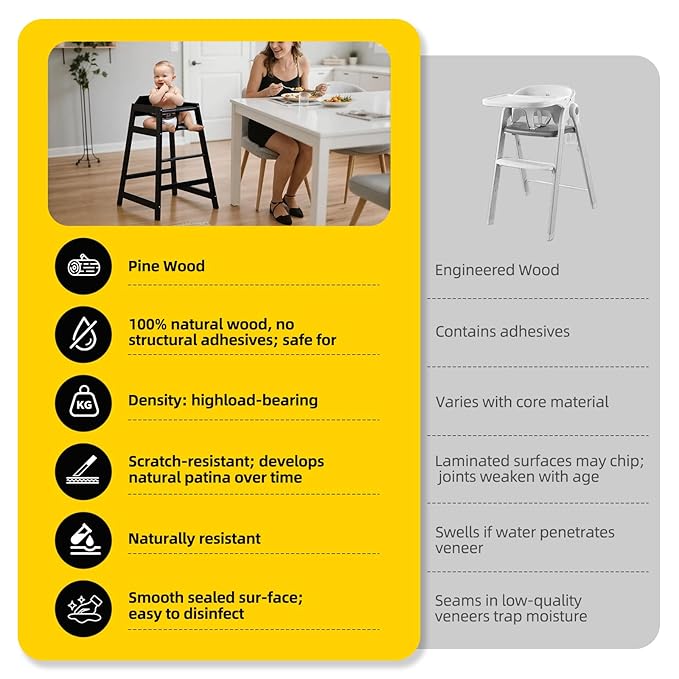 4-Pack Wooden Baby High Chair -Stack-able Solid Wood Feeding Seats, with Commercial Grade Solid Wood for Dining Table & Kitchen - Compact & Portable Design for Restaurant & Home Use（Black）