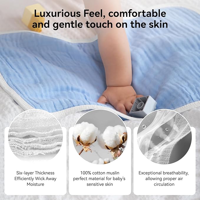 Synrroe Burp Cloths Large, Muslin Burp Cloths for Baby Girls and Boys, Pack of 4 Extra Absorbent and Soft Muslin, 6 Layers 20 by 10 Inches 100% Cotton (Blue Sets 4 Pack)