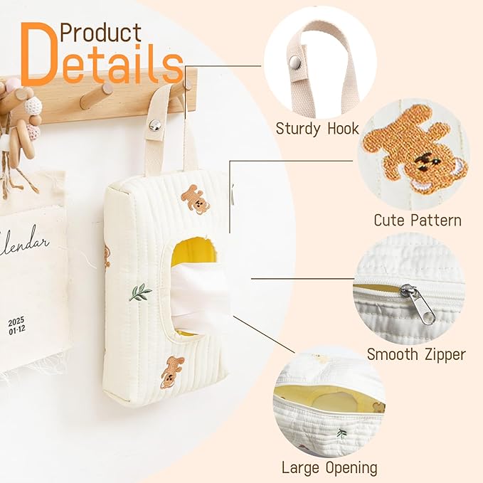 Quilted Baby Wipe Holder Floral Diaper Pouch Portable Quilted Wipes Bag for Car, Stroller