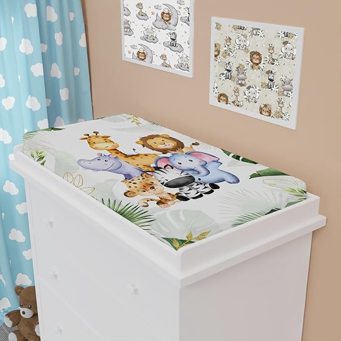 Jungle Safari Animals Tropical Leaves Flowers Changing Pad Cover Lion Elephant Zebra Giraffe Hippo Change Table Covers for Boys Girls Soft Stretchy Diaper Changing Mat Sheets Cover 32''x16''