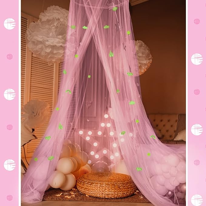 Stars Glow in The Dark Bed Canopy for Girls Unicorn Room Decor - Pink Bed Canopy Crib Mosquito Net Fluorescent Mosquito Net Hanging