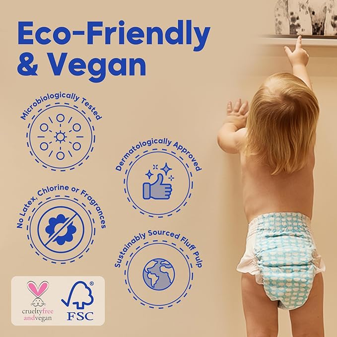 Kim & Kimmy Eco Diapers, New Born, Up to 11 lbs, 32 Diapers - 12 Hour Leak Protection, No Rashes, Hypoallergenic, Ultra-Soft & Highly Absorbent - Cruelty Free & Vegan - Little Clouds
