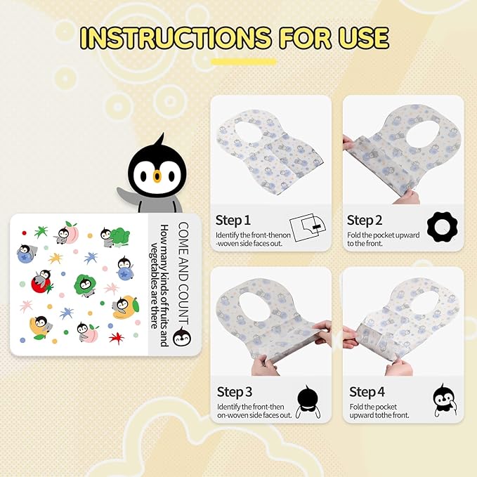 Disposable Feeding Bibs, 24 Individual Pack for Baby & Kids -Adjustable Adhesive Tabs, 13.78’’x 9.45’’ Toddler Bibs for Eating (【24pcs】 Oliver & Mango)