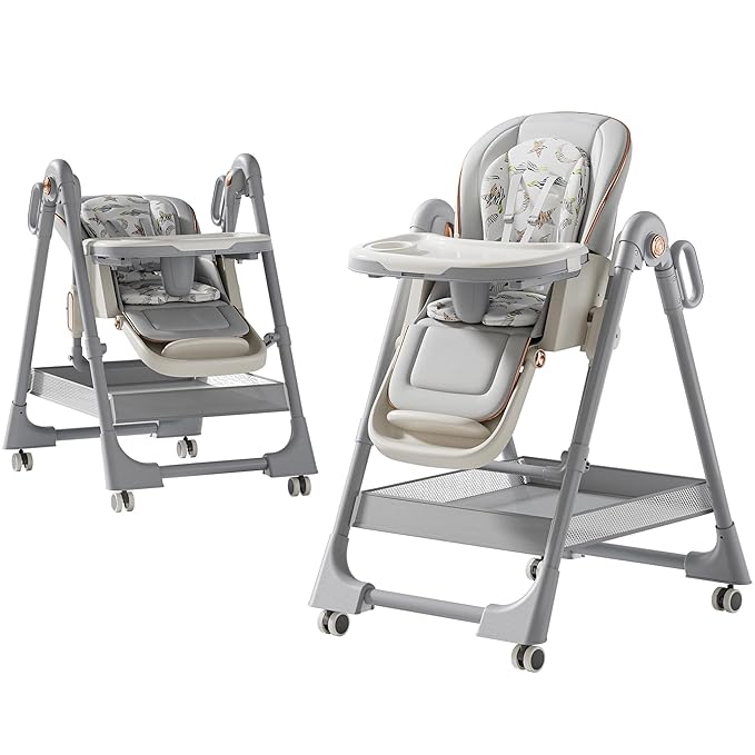 Nine point nine PU Leather Highchair, High Chairs for Babies and Toddlers, Adjustable Baby High Chair, Easy to Fold Baby Chair (X8122 Grey)