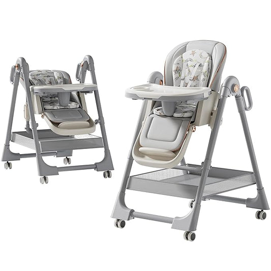 Nine point nine PU Leather Highchair, High Chairs for Babies and Toddlers, Adjustable Baby High Chair, Easy to Fold Baby Chair (X8122 Grey)