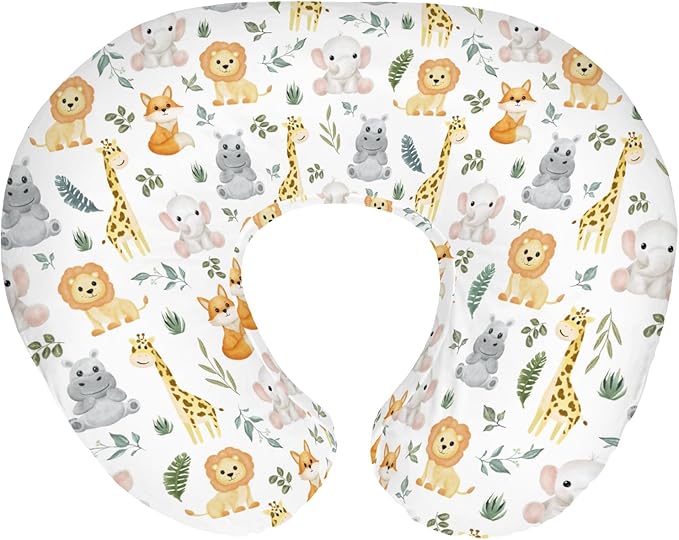 Safari Animals Baby Nursing Pillow Covers for Boy Girl Cute Lion Giraffe Elephant Hippo Tropical Leaves Nursery Pillowcase for Breastfeeding Pillows Zoo Jungle Soft Stretchy Slipcovers for Newborn