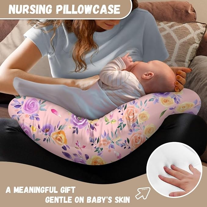 Jeiento Cartoon Sloth Nursing Pillow Cover Stretchy Removable Case for Breastfeeding Pillows Soft U-Shaped Pillows Decoration Covers Aesthetic Rose Flowers,Pink
