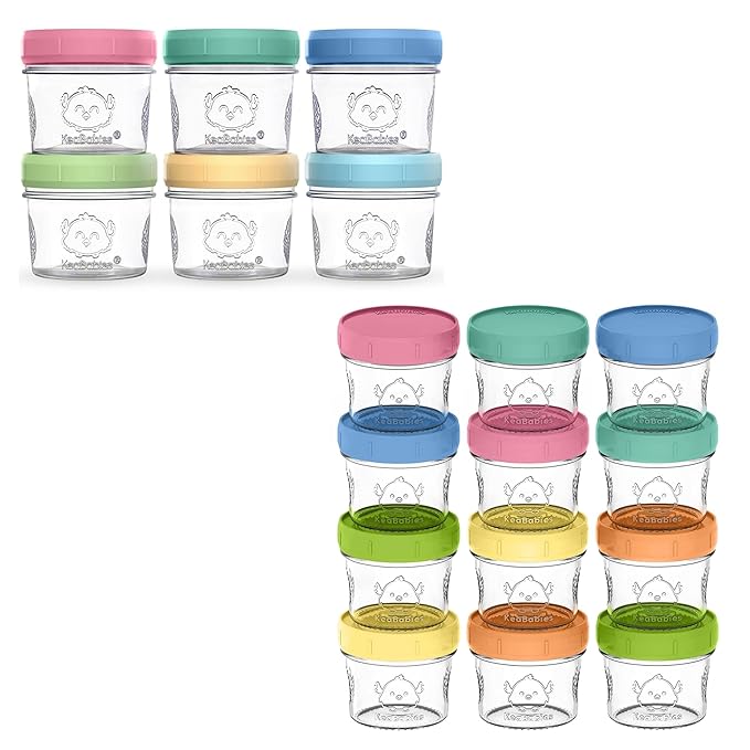 KeaBabies 6-Pack Glass Baby Food Containers & 12-Pack Glass Baby Food Containers - 4 oz Leak-Proof, Microwavable Baby Food Storage Containers, Baby Food Freezer Tray, Puree Glass Baby Food Jars