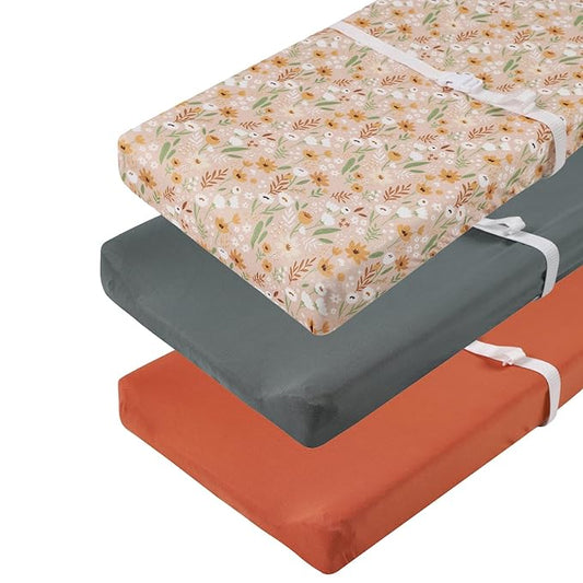 Changing Pad Cover Set 3 Pack Jersey Knit Ultra Soft for Baby Boys Girls Green/Orange/Floral