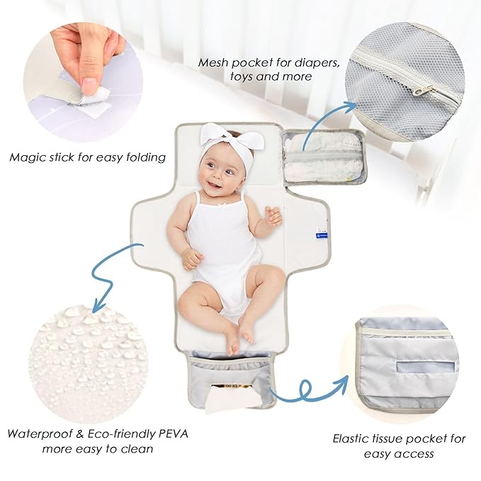 Portable Diaper Changing Pad Travel Baby Changing Mat Waterproof Diaper Changing Mat Foldable Lightweight Baby Changer with Built-in Pillow Cartoon Jellyfishes Bubbles Pastel Ocean Jellyfish