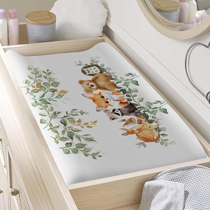 Cute Animals Eucalyptus Leaves Baby Changing Pad Covers Bear Raccoon Deer Rabbit Hedgehog Diaper Change Table Sheets for Boys Girls Soft Stretchy Baby Diaper Changing Table Mat Cover 32''x16''