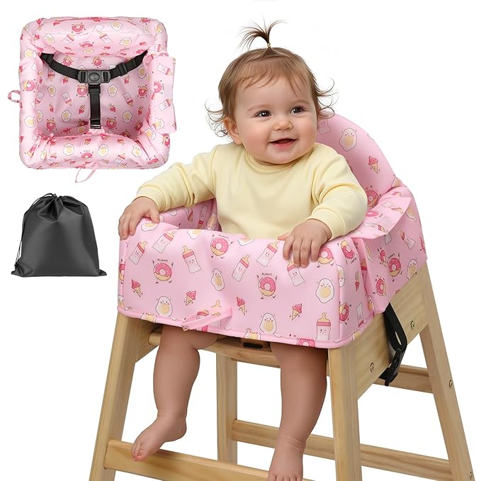 High Chair Cover for Baby Restaurant with 3-Point Harness,Portable High Chair Covers for Travel,Dining Out,Waterproof and Machine Washable,Inner Padded,Fits Wooden High Chairs,Pink
