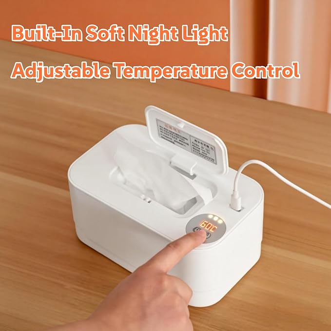 Portable Baby Wipes Warmer, Thermostat Diaper Wipe Warmer 55℃ - 65℃ Adjustable, Baby Wet Wipes Dispenser and Diaper Wipe Warmer with Night Light, Moisturizing and Heat Preservation, USB (White)