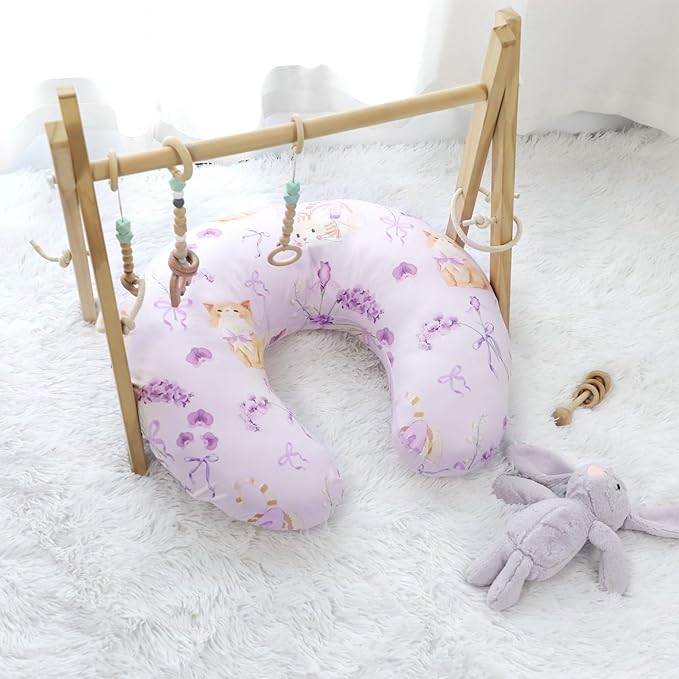 Nursing Pillow Cover, Ultra Soft Breastfeeding Pillow Covers for Newborn Baby Boys and Girls, Easy Removal and Machine Washable Slipcover, Pillowcase Only (Purple Flora & Cat)