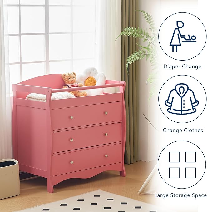 Karl home Changing Table，Dresser Baby Diaper Changing Station Infant Nursing Table with 3 Drawers, Safety Rail & Strap for Bedroom, Nursery, Pink